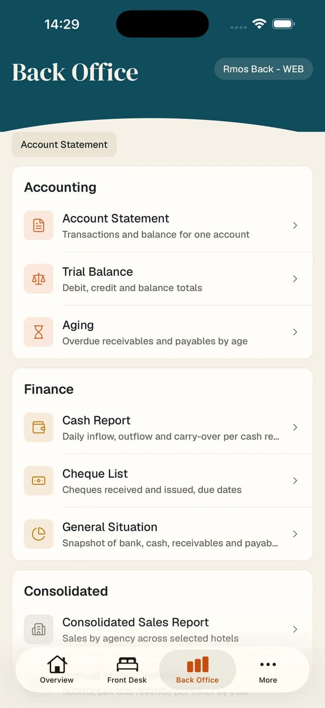 Rmos Live iPhone accounting screen with trial balance, account monitoring, aging, cash report and cheque list
