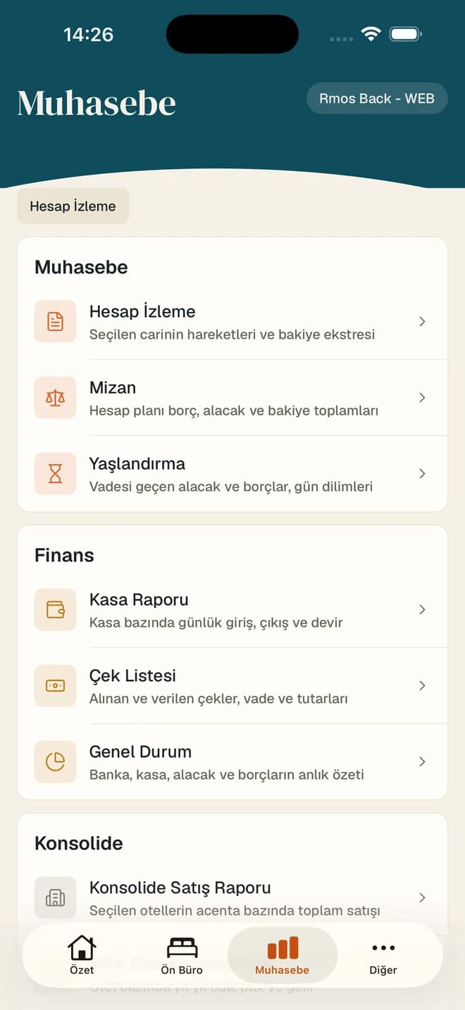 Rmos Live iPhone muhasebe ekranı: mizan, hesap izleme, yaşlandırma, kasa raporu ve çek listesi