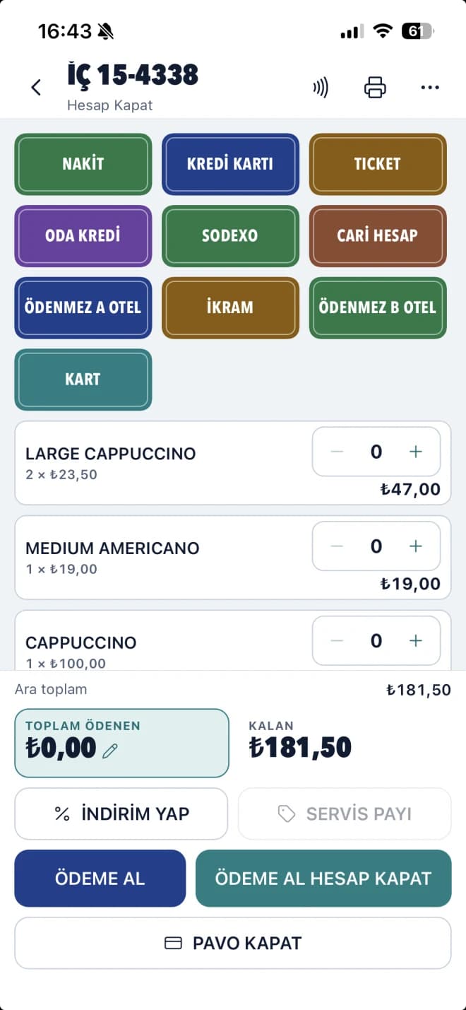 Rmos POS iPhone hesap kapatma ekranı: ödeme tipleri, ürün bazında ödeme seçimi, ara toplam, toplam ödenen ve kalan tutar
